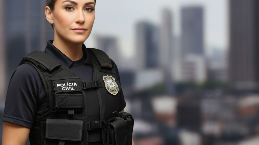 Policial feminina com colete e distintivo da Polícia Civil, destacando a importância das mulheres na segurança pública. Imagem de profissionalismo e dedicação nas carreiras policiais.