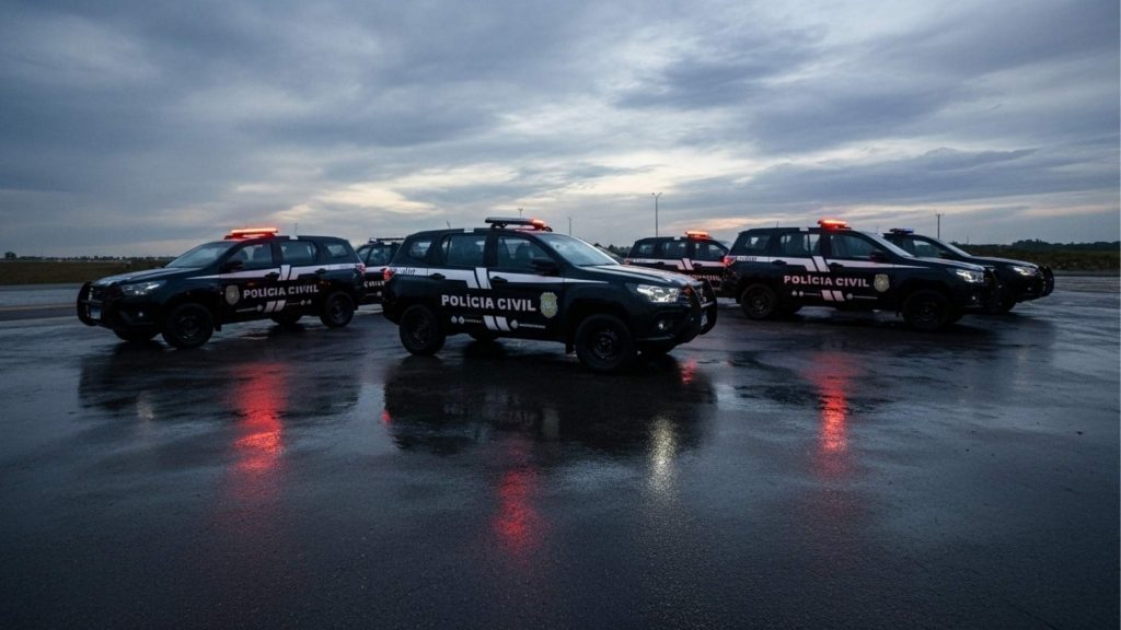 Viaturas da Polícia Civil estacionadas com luzes de alerta acesas, em um ambiente externo. Representação da atuação da Polícia Civil RS, enfatizando a presença e vigilância no trabalho policial.
