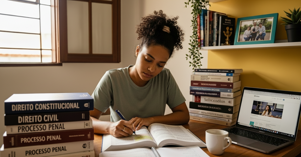 Mulher estuda em mesa com livros de Direito, laptop aberto e marcações em texto jurídico.