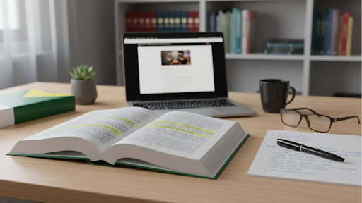 Livro jurídico aberto com trechos destacados em marca-texto, laptop desfocado ao fundo, óculos de leitura e anotações manuscritas sobre a mesa em um ambiente de estudo para concursos.