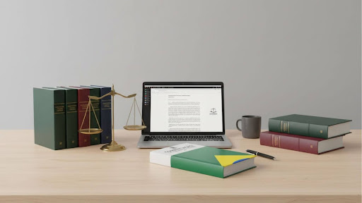 Mesa minimalista com laptop exibindo texto jurídico, balança dourada da Justiça, códigos de Direito encadernados e caneca ao lado; ambiente de estudo jurídico ou escritório de advocacia.