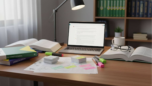 Mesa de estudos para concursos com laptop aberto, livros de Direito Constitucional e Legislação Especial, cadernos, marca-textos e flashcards organizados; ambiente iluminado por luz natural, com clima de estudo jurídico intensivo.