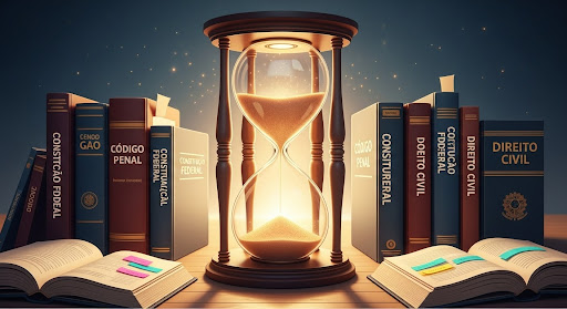 Ampulheta iluminada entre livros jurídicos como Constituição, Código Penal e Direito Civil.