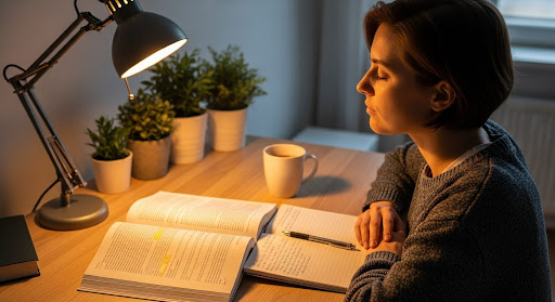 Mulher sentada à mesa estudando livro grifado sob luminária, com caneca e plantas ao fundo.