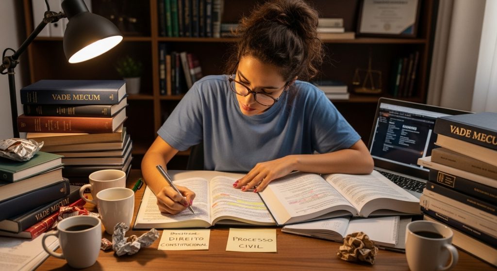 Jovem estudando Direito à mesa repleta de livros jurídicos, anotações e xícaras de café; destaque para os temas “Direito Constitucional” e “Processo Civil”.