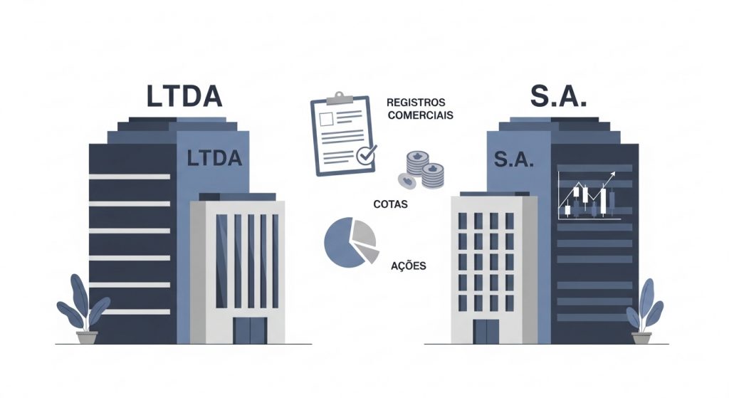 Ilustração comparando empresas LTDA e S.A., com prédios representando cada tipo, ícones de registros comerciais, moedas, gráfico de pizza com “cotas” e “ações”.