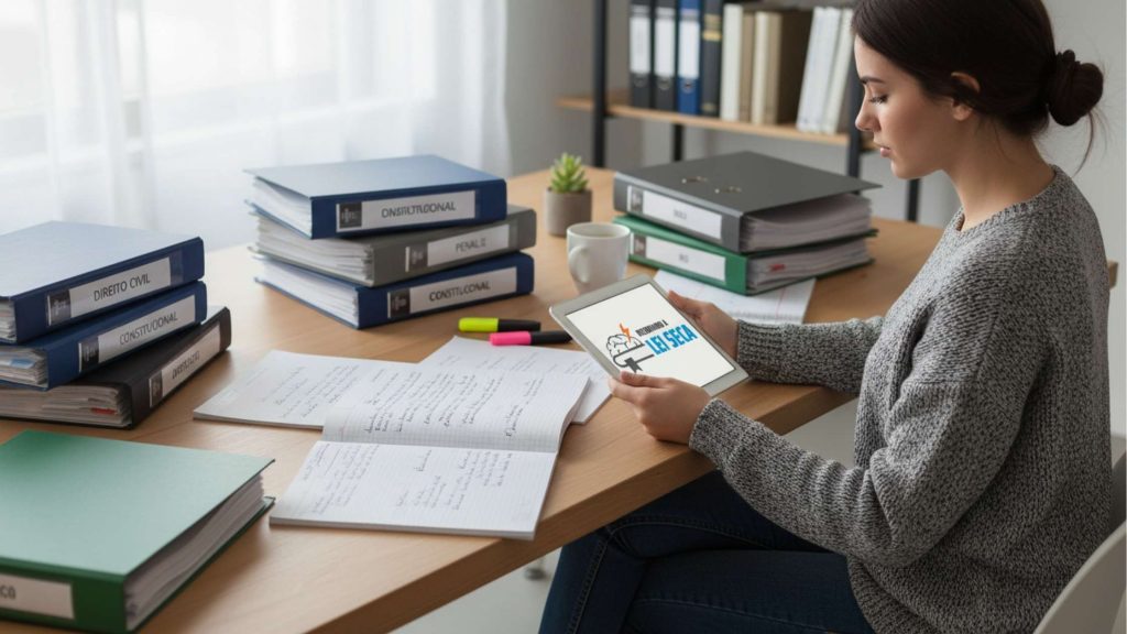 Jovem estudando em mesa com muitos fichários identificados com matérias jurídicas como “Direito Civil”, “Constitucional” e “Penal II”, segurando um tablet com a tela exibindo “Decorando a Lei Seca”.