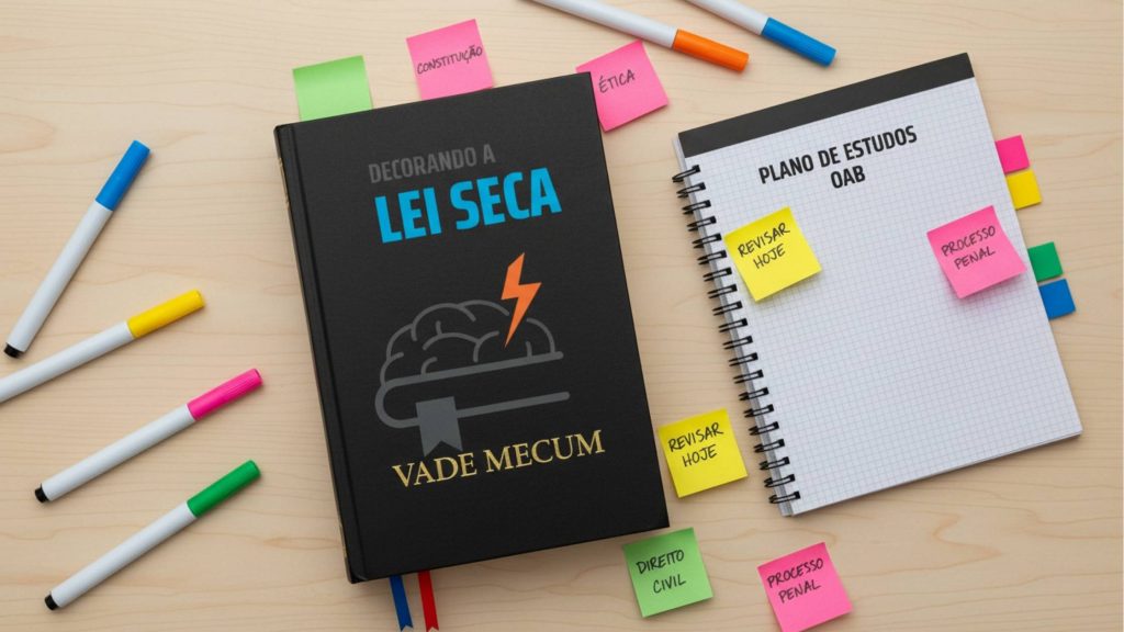 Mesa com livro “Decorando a Lei Seca - Vade Mecum” ao lado de caderno com o título “Plano de Estudos OAB”, ambos rodeados por canetas coloridas e anotações com matérias como “Constituição”, “Ética”, “Direito Civil” e “Processo Penal”.