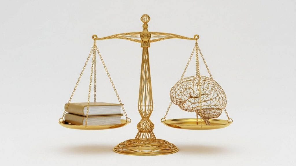 Ilustração 3D minimalista de uma balança da justiça dourada em perfeito equilíbrio sobre um fundo branco. No prato esquerdo, repousam dois livros grossos de capa bege. No prato direito, há uma escultura geométrica de arame dourado no formato de um cérebro humano, simbolizando o equilíbrio entre o conhecimento acadêmico e a inteligência estratégica.