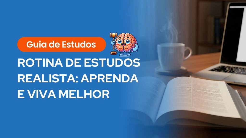 Texto “Guia de Estudos - ROTINA DE ESTUDOS REALISTA: APRENDA E VIVA MELHOR” à esquerda em fundo azul, com imagem de mesa com livro aberto, xícara e notebook ao fundo.
