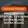 Banner informativo sobre concursos para tribunais com o título "Procurador Estadual e Federal: Diferenças e Estratégias" sobreposto à imagem de um prédio clássico de tribunal com colunas.