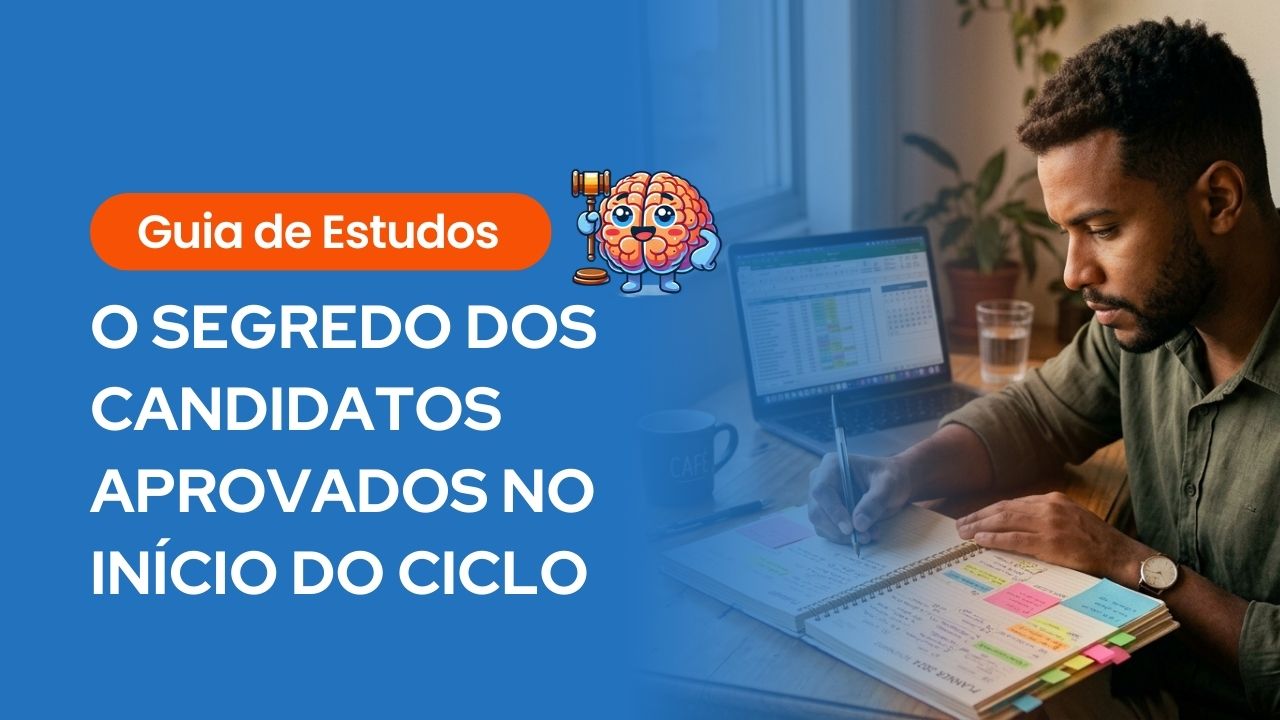 Banner azul com o título "Guia de Estudos: O Segredo dos Candidatos Aprovados no Início do Ciclo". Ao lado, um estudante organizado faz anotações em um planner colorido com um notebook ao fundo.