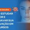 Guia de estudos com título 'Como estudar melhor e destravar sua aprovação em concursos', apresentando o desenho de um cérebro com martelo de juiz e uma mulher ao fundo.