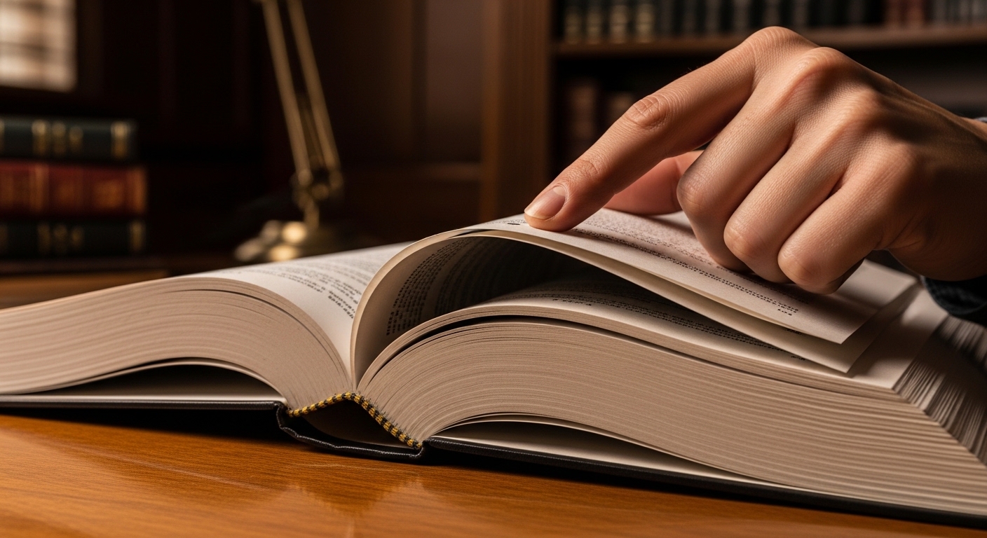 Close de mão apontando para página de um livro jurídico aberto em uma mesa de madeira.