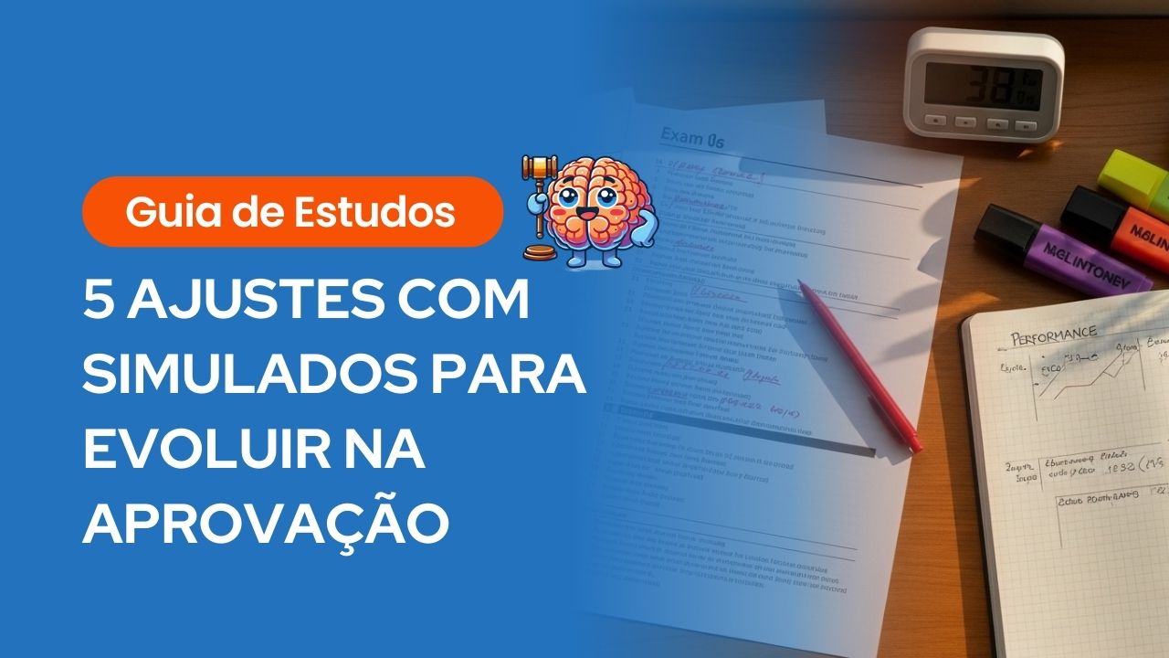 Banner de guia de estudos com uma composição dividida. A metade esquerda possui um fundo azul sólido com o título em letras grandes e brancas: "5 AJUSTES COM SIMULADOS PARA EVOLUIR NA APROVAÇÃO". Acima do título, há uma etiqueta laranja escrita "Guia de Estudos" e um ícone de um cérebro animado segurando um martelo de juiz. A metade direita mostra uma foto vista de cima de uma mesa de estudos de madeira iluminada pelo sol. Na mesa há uma prova impressa preenchida à caneta (com o título "Exam 06"), uma caneta vermelha, um cronômetro digital branco, três marcadores de texto coloridos e um caderno aberto mostrando um gráfico desenhado à mão com o título "PERFORMANCE", onde uma linha ascendente indica progresso.