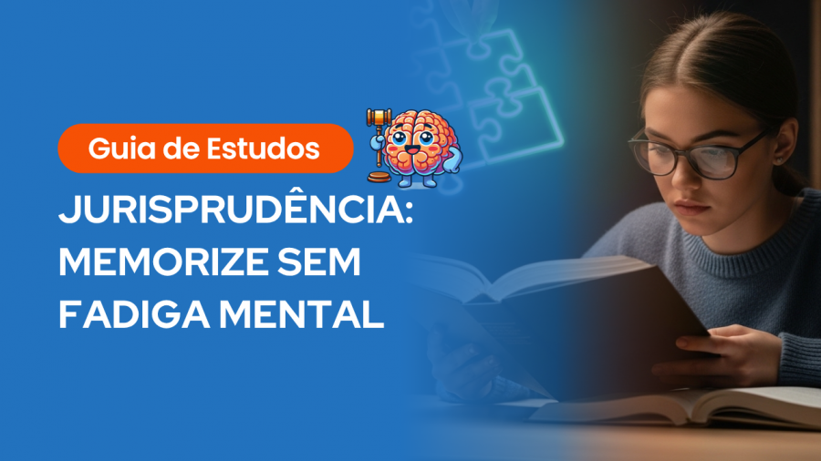 Infográfico de capa com o título "Guia de Estudos Jurisprudência: Memorize sem Fadiga Mental". À direita, uma estudante concentrada lendo um livro jurídico sob iluminação suave.