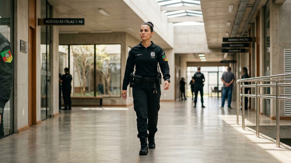 Fotografia de uma policial penal mulher caminhando com postura firme e confiante pelo corredor largo de uma instituição moderna. Ela tem cabelos escuros presos em um coque e veste um uniforme tático preto, equipado com cinto de utilidades, rádio, coldre e chaves. O ambiente possui um design contemporâneo com teto de concreto, claraboias e grandes painéis de vidro à esquerda que revelam um pátio interno. Placas pretas suspensas indicam direções como "Acesso às Celas 1-10" e "Administração / Segurança". Ao fundo, outras pessoas e funcionários aparecem desfocados.