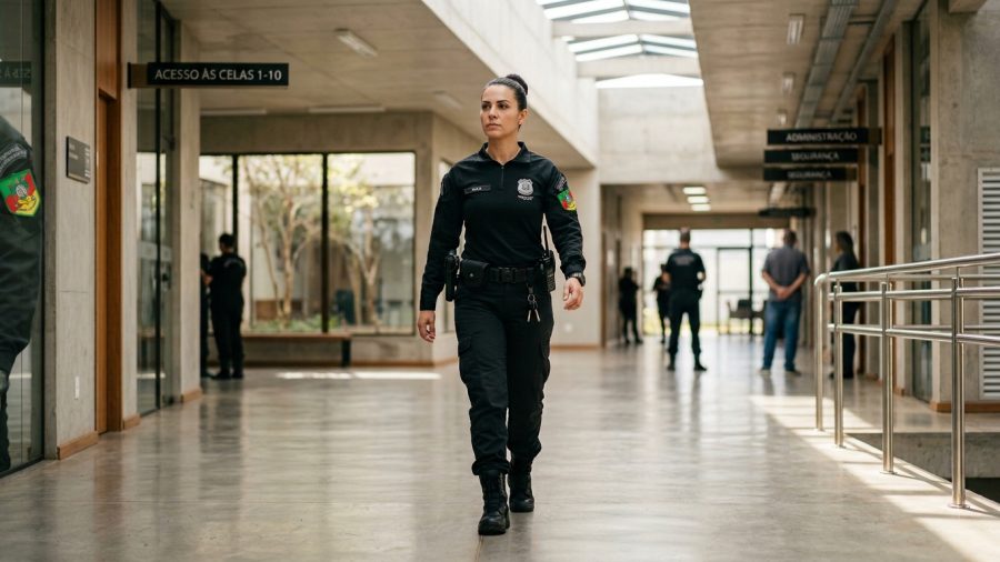 Fotografia de uma policial penal mulher caminhando com postura firme e confiante pelo corredor largo de uma instituição moderna. Ela tem cabelos escuros presos em um coque e veste um uniforme tático preto, equipado com cinto de utilidades, rádio, coldre e chaves. O ambiente possui um design contemporâneo com teto de concreto, claraboias e grandes painéis de vidro à esquerda que revelam um pátio interno. Placas pretas suspensas indicam direções como "Acesso às Celas 1-10" e "Administração / Segurança". Ao fundo, outras pessoas e funcionários aparecem desfocados.