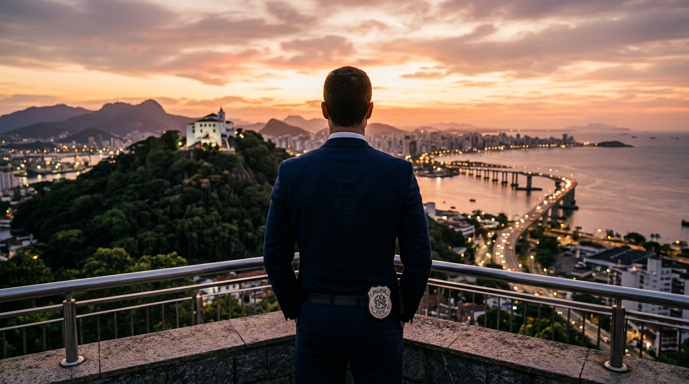 Vista de costas de um homem em traje formal, parado em um mirante de pedra, observando a paisagem urbana de Vitória e Vila Velha durante o pôr do sol. Um distintivo de delegado está preso de forma visível ao seu cinto. A paisagem ao fundo destaca o Convento da Penha no topo de um morro, a Terceira Ponte iluminada e o reflexo do sol no oceano, simbolizando a aspiração à carreira policial no Espírito Santo.