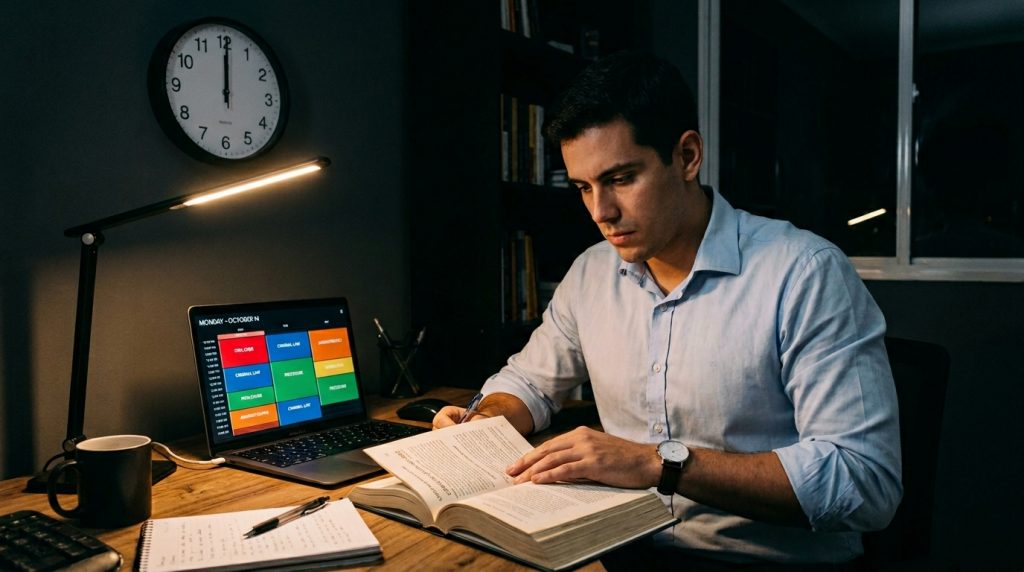 Fotografia de um homem jovem de camisa social azul clara estudando concentrado em uma escrivaninha de madeira à noite. Ele foca na leitura de um livro grosso aberto, com a mão esquerda segurando a página e a direita segurando uma caneta. Uma luminária de mesa preta joga luz diretamente sobre o livro e o caderno de anotações ao lado. À esquerda do estudante, um notebook está aberto exibindo um cronograma semanal colorido em blocos. Na parede escura ao fundo, um relógio analógico redondo marca exatamente meia-noite (12:00). O ambiente passa uma sensação de foco, silêncio e dedicação prolongada.
