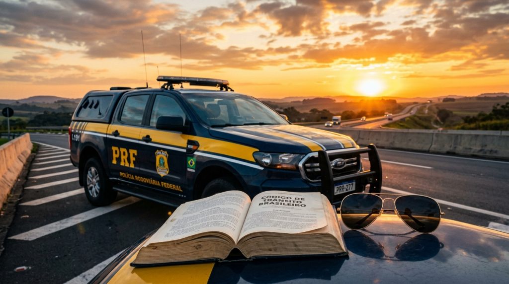 Fotografia com foco no primeiro plano, onde um livro aberto com o título "CÓDIGO DE TRÂNSITO BRASILEIRO" e um par de óculos escuros estilo aviador estão apoiados sobre a lataria de um veículo. Logo atrás, em segundo plano e levemente desfocada, há uma caminhonete viatura da Polícia Rodoviária Federal (PRF), caracterizada em azul escuro e amarelo, estacionada no acostamento de uma rodovia. O cenário de fundo mostra a rodovia serpenteando por colinas sob um céu com nuvens iluminadas por um pôr do sol alaranjado e dourado.