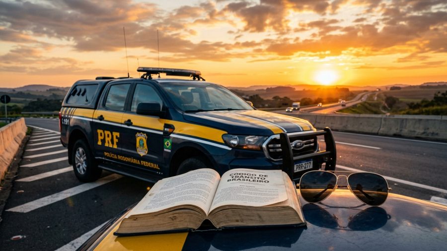 Fotografia com foco no primeiro plano, onde um livro aberto com o título "CÓDIGO DE TRÂNSITO BRASILEIRO" e um par de óculos escuros estilo aviador estão apoiados sobre a lataria de um veículo. Logo atrás, em segundo plano e levemente desfocada, há uma caminhonete viatura da Polícia Rodoviária Federal (PRF), caracterizada em azul escuro e amarelo, estacionada no acostamento de uma rodovia. O cenário de fundo mostra a rodovia serpenteando por colinas sob um céu com nuvens iluminadas por um pôr do sol alaranjado e dourado.