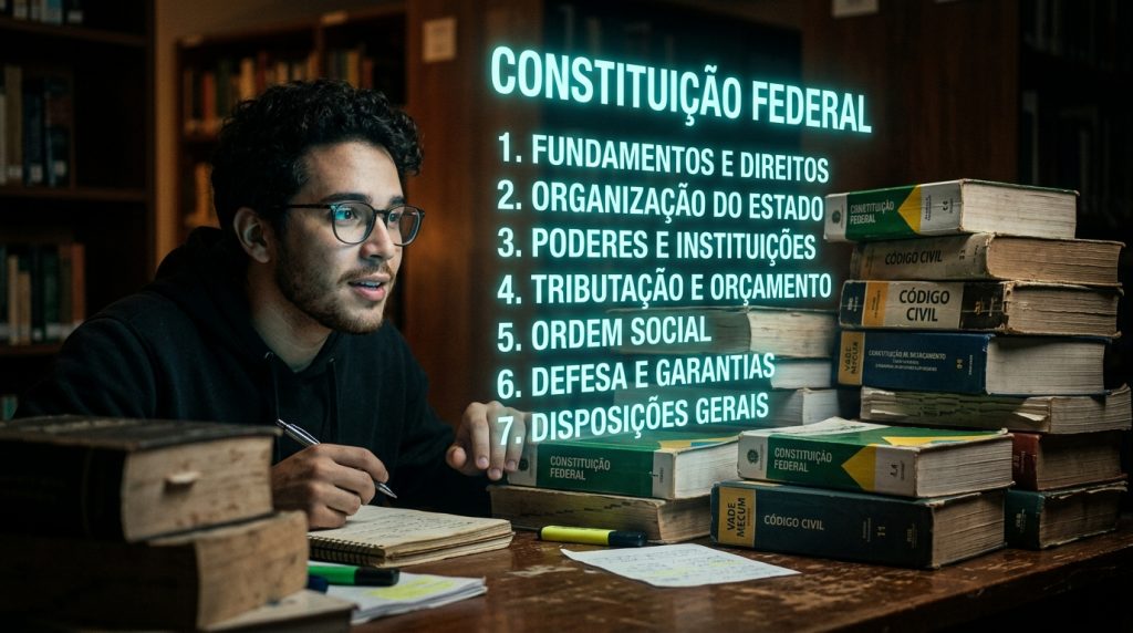 Fotografia de um jovem com óculos de grau e casaco escuro estudando concentrado em uma mesa de madeira. Ele segura uma caneta sobre um caderno de anotações e olha fixamente para um ponto à sua frente. No espaço no ar, projetado como um holograma em letras de neon azul claro, aparece o título "CONSTITUIÇÃO FEDERAL" seguido por uma lista numerada de sete tópicos: "1. Fundamentos e Direitos", "2. Organização do Estado", "3. Poderes e Instituições", "4. Tributação e Orçamento", "5. Ordem Social", "6. Defesa e Garantias" e "7. Disposições Gerais". À direita do rapaz, há uma pilha alta e rústica de livros jurídicos grossos, como Vade Mecum e Código Civil. O fundo mostra o ambiente escurecido de uma biblioteca.
