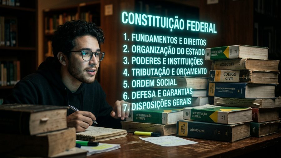 Fotografia de um jovem com óculos de grau e casaco escuro estudando concentrado em uma mesa de madeira. Ele segura uma caneta sobre um caderno de anotações e olha fixamente para um ponto à sua frente. No espaço no ar, projetado como um holograma em letras de neon azul claro, aparece o título "CONSTITUIÇÃO FEDERAL" seguido por uma lista numerada de sete tópicos: "1. Fundamentos e Direitos", "2. Organização do Estado", "3. Poderes e Instituições", "4. Tributação e Orçamento", "5. Ordem Social", "6. Defesa e Garantias" e "7. Disposições Gerais". À direita do rapaz, há uma pilha alta e rústica de livros jurídicos grossos, como Vade Mecum e Código Civil. O fundo mostra o ambiente escurecido de uma biblioteca.