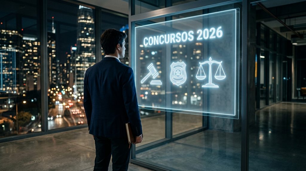 Fotografia noturna de um homem de negócios com terno azul escuro, visto de costas. Ele segura um caderno de couro sob o braço e está em pé dentro de um escritório moderno com grandes paredes de vidro. Ele observa fixamente um painel de vidro transparente onde flutuam projeções holográficas em neon azul claro. A projeção mostra o texto "CONCURSOS 2026" na parte superior, e logo abaixo, três grandes ícones: um martelo de juiz à esquerda, um distintivo policial em formato de escudo no centro, e uma balança da justiça à direita. Através das janelas ao fundo, vê-se a paisagem urbana de uma metrópole iluminada com arranha-céus e faróis de carros ao longe.