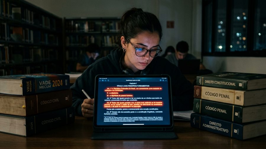 Fotografia de uma jovem mulher estudando em um ambiente escuro, semelhante a uma biblioteca à noite. Ela usa óculos de grau, fones de ouvido no pescoço e um casaco escuro, e tem uma expressão de profunda concentração. À sua frente, iluminando seu rosto, há um tablet exibindo um texto jurídico onde o título "TÍTULO I: DOS PRINCÍPIOS FUNDAMENTAIS" e partes do Artigo 1º e 5º estão destacados com um efeito vermelho brilhante. Ela segura uma caneta digital branca com a mão esquerda, pronta para anotar. Ladeando o tablet, há pilhas de livros jurídicos grossos: à esquerda, vê-se o "Vade Mecum 2024" e "Código Civil"; à direita, "Direito Constitucional", "Código Penal" e "Direito Administrativo". Ao fundo, fora de foco, há estantes de livros e outro estudante trabalhando em um notebook.