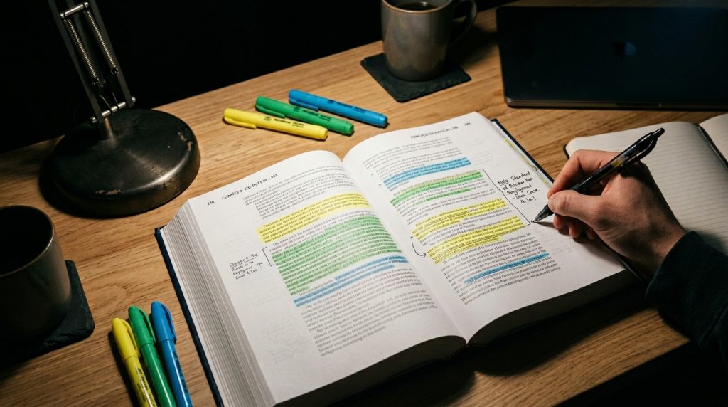 Fotografia de uma mesa de estudos noturna com iluminação focada, vinda de uma luminária articulada de metal à esquerda. No centro, há um livro muito grosso aberto cujas páginas estão intensamente grifadas com cores alternadas: amarelo, verde e azul. A mão direita de uma pessoa segura uma caneta e escreve notas marginais em um pequeno espaço em branco da página. Ao redor do livro, espalhados sobre a mesa de madeira, há marca-textos coloridos, um caderno de anotações aberto, uma xícara escura e um notebook fechado.
