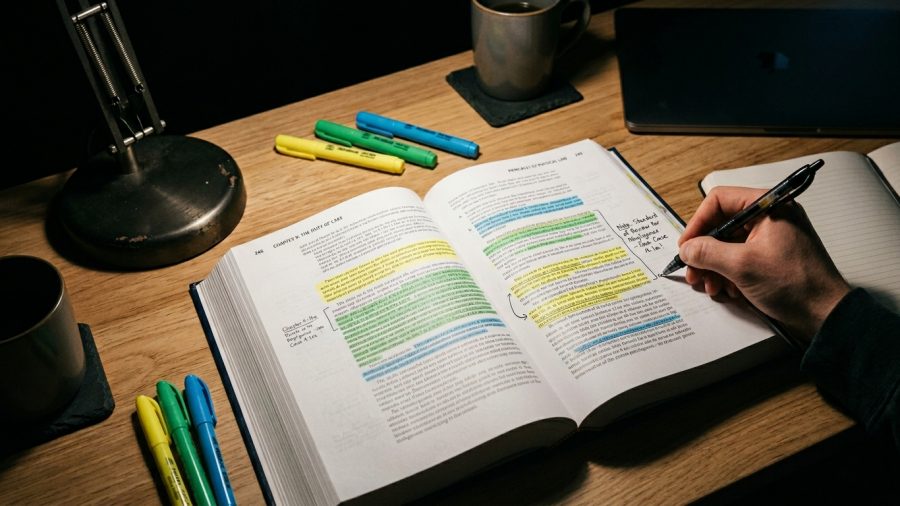 Fotografia de uma mesa de estudos noturna com iluminação focada, vinda de uma luminária articulada de metal à esquerda. No centro, há um livro muito grosso aberto cujas páginas estão intensamente grifadas com cores alternadas: amarelo, verde e azul. A mão direita de uma pessoa segura uma caneta e escreve notas marginais em um pequeno espaço em branco da página. Ao redor do livro, espalhados sobre a mesa de madeira, há marca-textos coloridos, um caderno de anotações aberto, uma xícara escura e um notebook fechado.