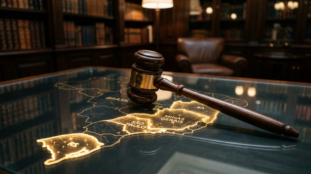 Imagem conceitual ambientada em um escritório de advocacia clássico ou gabinete de juiz. Em primeiro plano, sobre uma mesa com tampo de vidro, repousa um martelo de juiz (gavel) de madeira escura, com um anel metálico dourado exibindo o brasão da República. O martelo está sobreposto a um mapa do Brasil desenhado no vidro com linhas luminosas em tom dourado/neon, formando uma espécie de rede de conexões. No mapa, estão grafados os nomes de alguns estados e regiões em destaque luminoso, como "SÃO PAULO", "MINAS GERAIS", "RS", "BA", "DF" e a palavra "BRASIL". Ao fundo, em um desfoque suave, percebe-se um ambiente escuro com piso de madeira, estantes clássicas cheias de livros, um abajur e uma poltrona de couro marrom.