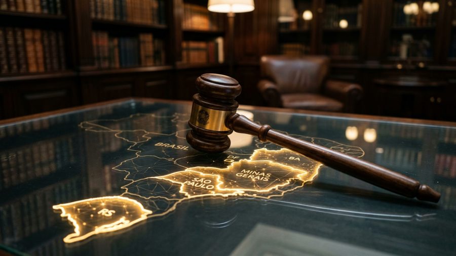 Imagem conceitual ambientada em um escritório de advocacia clássico ou gabinete de juiz. Em primeiro plano, sobre uma mesa com tampo de vidro, repousa um martelo de juiz (gavel) de madeira escura, com um anel metálico dourado exibindo o brasão da República. O martelo está sobreposto a um mapa do Brasil desenhado no vidro com linhas luminosas em tom dourado/neon, formando uma espécie de rede de conexões. No mapa, estão grafados os nomes de alguns estados e regiões em destaque luminoso, como "SÃO PAULO", "MINAS GERAIS", "RS", "BA", "DF" e a palavra "BRASIL". Ao fundo, em um desfoque suave, percebe-se um ambiente escuro com piso de madeira, estantes clássicas cheias de livros, um abajur e uma poltrona de couro marrom.