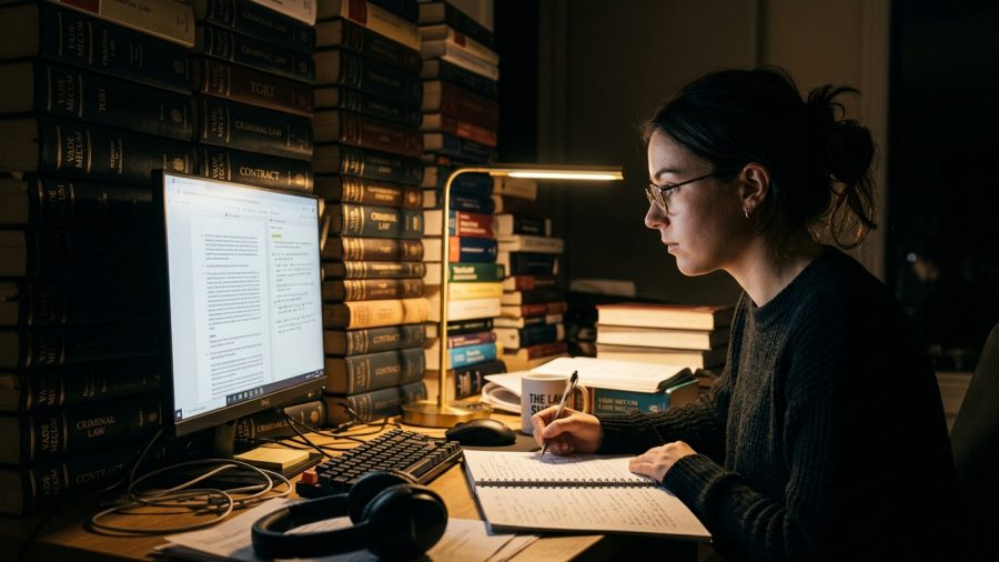 Mulher jovem com óculos estudando concentrada à noite em uma mesa. Ela olha para a tela de um computador enquanto escreve anotações em um caderno. O ambiente é escuro, iluminado principalmente por uma luminária de mesa amarela. Ao lado do monitor, há altas pilhas de livros jurídicos grossos, incluindo exemplares de Vade Mecum e Direito Penal.