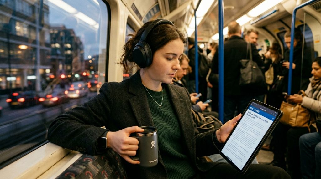 Fotografia de uma jovem mulher sentada no banco de um vagão de trem ou metrô. Ela veste um casaco escuro sobre um suéter verde escuro e usa grandes fones de ouvido pretos. Com uma mão, ela segura um copo térmico cinza perto do corpo e, com a outra, segura um tablet, no qual lê um documento de texto com atenção. Pela janela à sua esquerda, é possível ver o reflexo das luzes da rua e o tráfego de carros, indicando que é noite ou fim de tarde. O interior do vagão está iluminado e com vários passageiros ao fundo, alguns em pé e outros mexendo no celular.