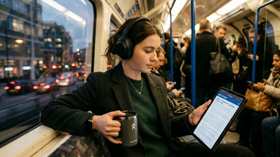 Fotografia de uma jovem mulher sentada no banco de um vagão de trem ou metrô. Ela veste um casaco escuro sobre um suéter verde escuro e usa grandes fones de ouvido pretos. Com uma mão, ela segura um copo térmico cinza perto do corpo e, com a outra, segura um tablet, no qual lê um documento de texto com atenção. Pela janela à sua esquerda, é possível ver o reflexo das luzes da rua e o tráfego de carros, indicando que é noite ou fim de tarde. O interior do vagão está iluminado e com vários passageiros ao fundo, alguns em pé e outros mexendo no celular.