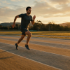 jovem correndo em pista de atletismo ao amanhecer com sombras longas no asfalto durante treino físico (concurso PM SP 2026 Cadete)