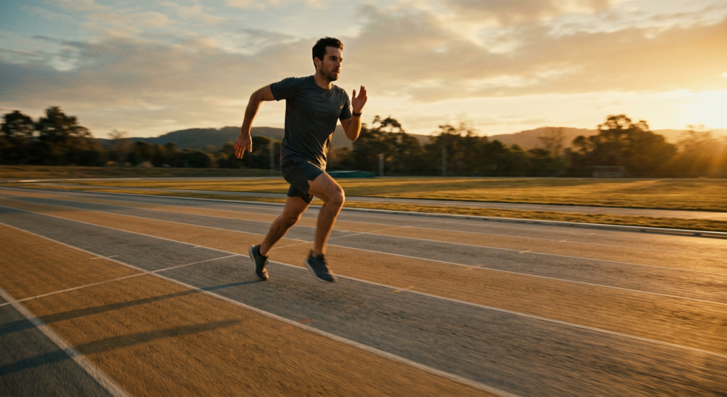 jovem correndo em pista de atletismo ao amanhecer com sombras longas no asfalto durante treino físico (concurso PM SP 2026 Cadete)