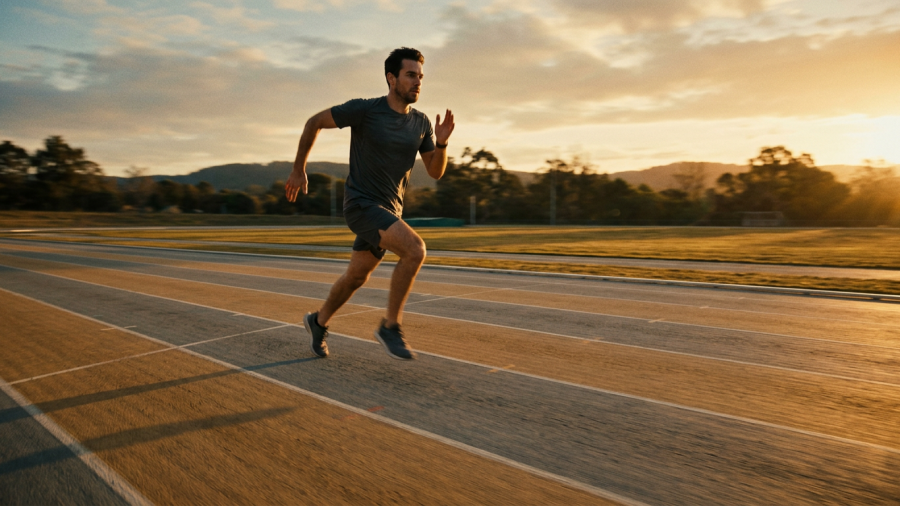 jovem correndo em pista de atletismo ao amanhecer com sombras longas no asfalto durante treino físico (concurso PM SP 2026 Cadete)