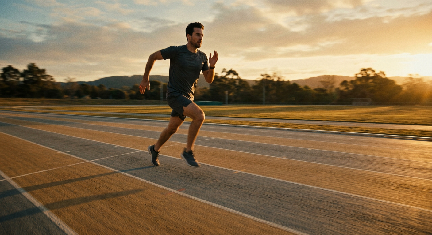 jovem correndo em pista de atletismo ao amanhecer com sombras longas no asfalto durante treino físico (concurso PM SP 2026 Cadete)