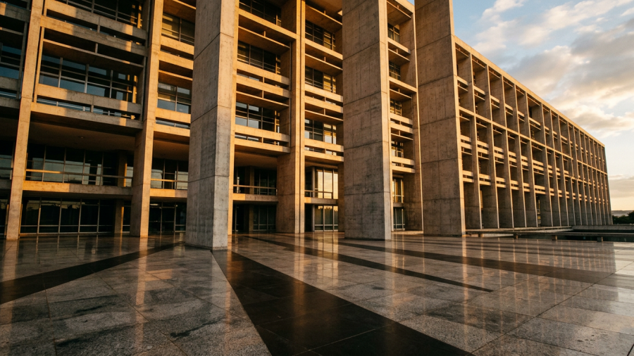 fachada modernista de prédio federal em Brasília com pilares de concreto e luz dourada do fim de tarde (concurso MPDFT promotor vagas subsídio banca etapas)