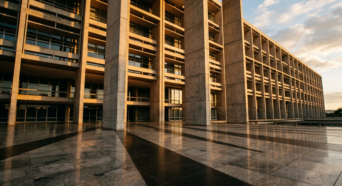 fachada modernista de prédio federal em Brasília com pilares de concreto e luz dourada do fim de tarde (concurso MPDFT promotor vagas subsídio banca etapas)