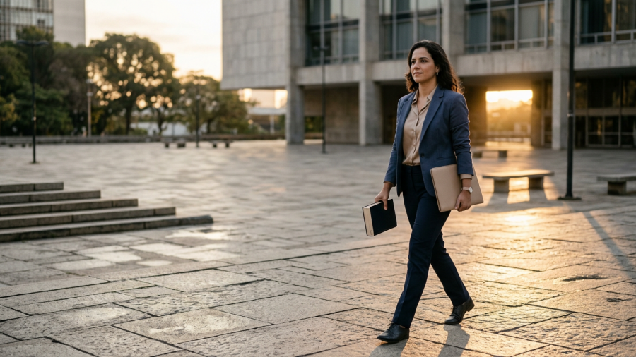 advogada atravessando praça cívica ao amanhecer com pasta e livro jurídico fechado (Concurso PGM Foz do Iguaçu PR)