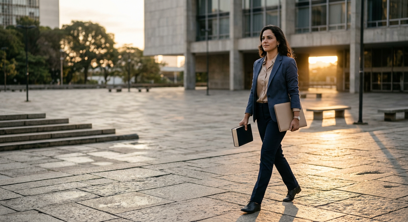 advogada atravessando praça cívica ao amanhecer com pasta e livro jurídico fechado (Concurso PGM Foz do Iguaçu PR)