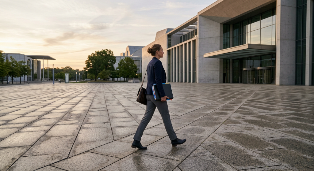 candidata atravessando praça em direção a prédio público moderno ao amanhecer (Concurso PGE RN)