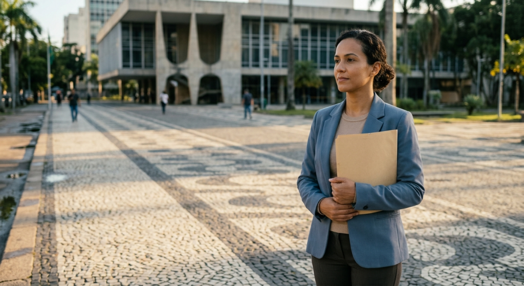 candidata em praça urbana com pasta sem identificação diante de prédio público ao amanhecer (Concurso IPREMB MG)
