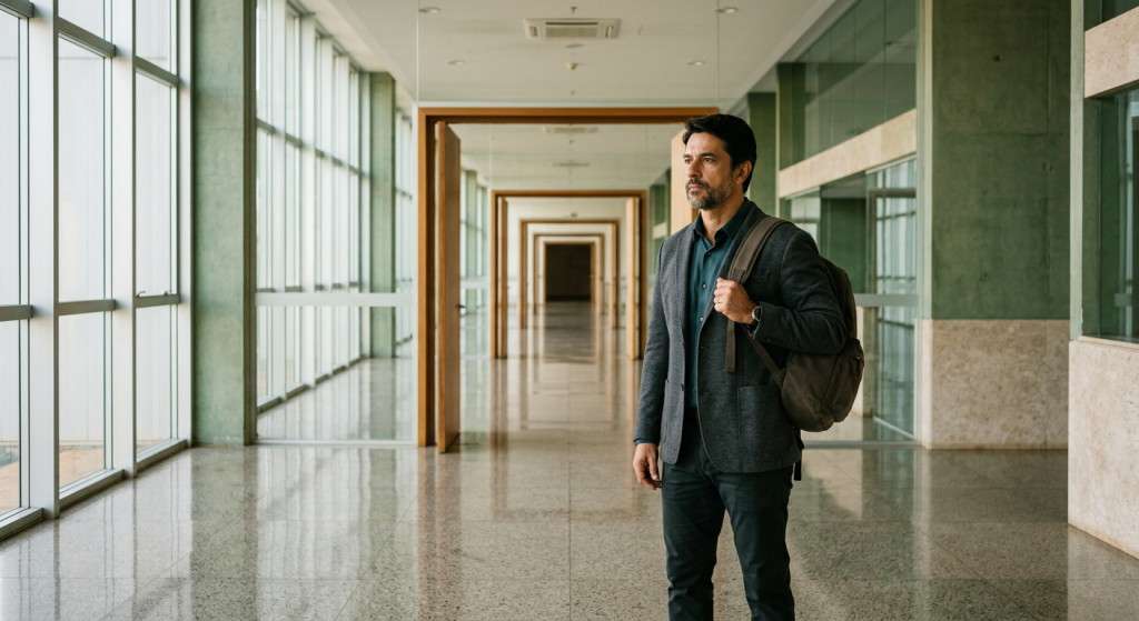profissional em corredor de prédio público com mochila e luz suave ao fundo (Concurso TCE AP)