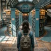 mulher de costas em corredor de biblioteca com estantes e caminhos iluminados (legislação técnico judiciário por banca)