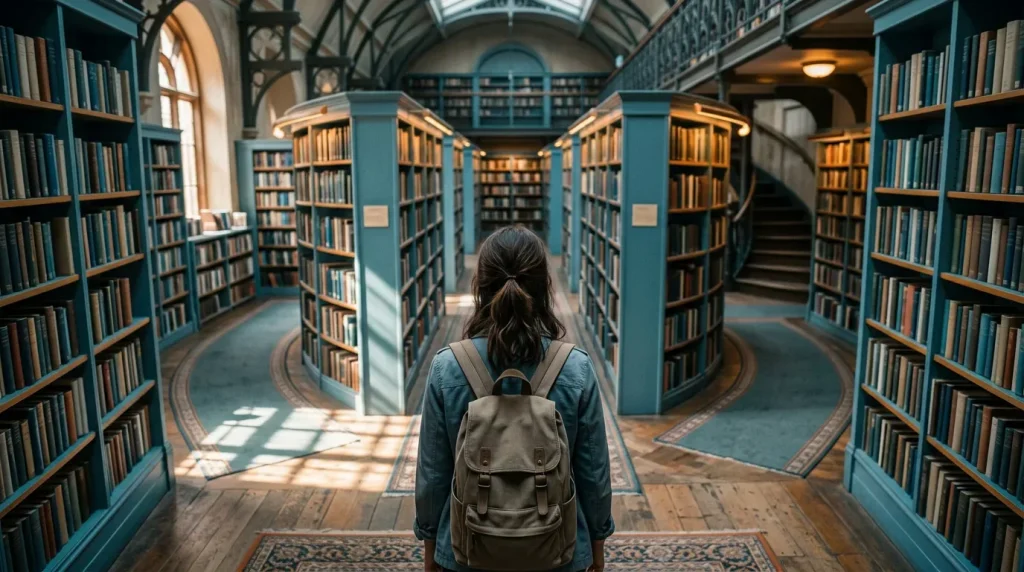 mulher de costas em corredor de biblioteca com estantes e caminhos iluminados (legislação técnico judiciário por banca)